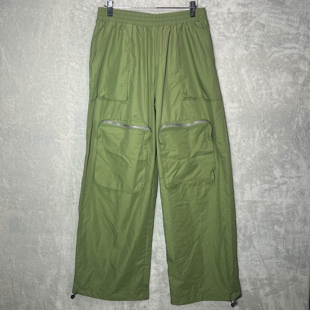 Nylon Pants Men L Olive Green Zip Pockets Wide Leg Gorpcore Techwear Blokecore - Picture 2 of 13